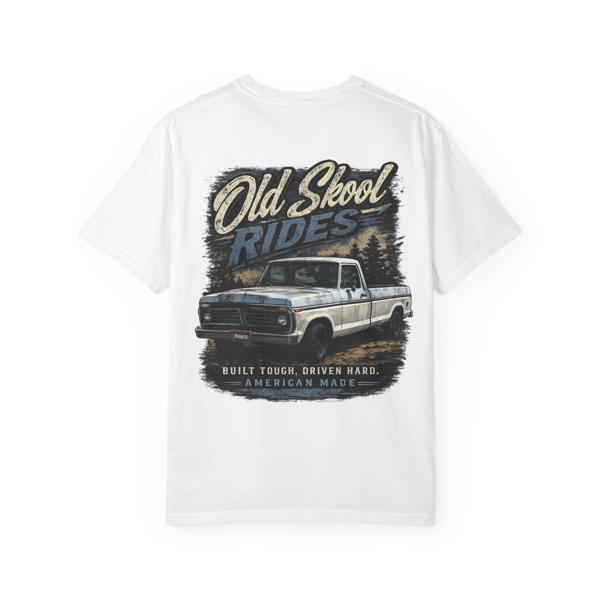 Old Skool Rides T-Shirt — Vintage Pickup Truck Graphic ("Old Skool Rides: Built Tough, Driven Hard")